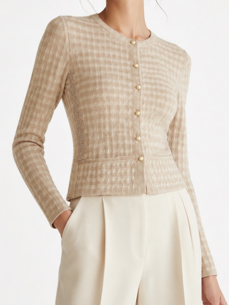 Marc Cain Mauve & Cream Knit Cardigan W Pearl Buttons & Lace